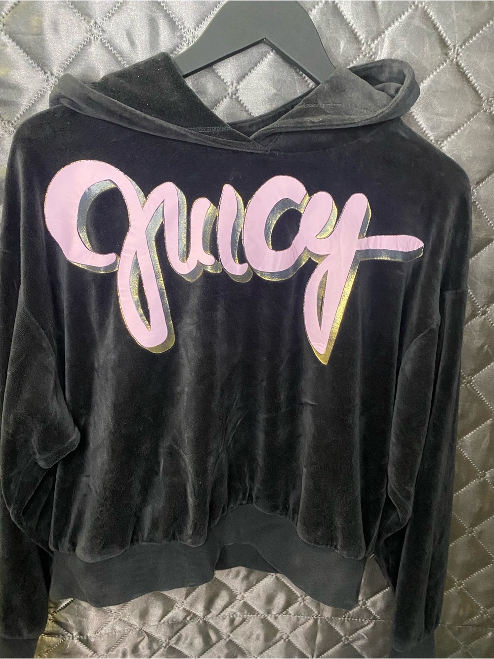 Juicy Couture Black Label Luxury Velour Cropped Pullover Hoodie NWOT Black xs